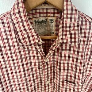Timberland Men's casual button down shirt (cream, red, wine plaid)